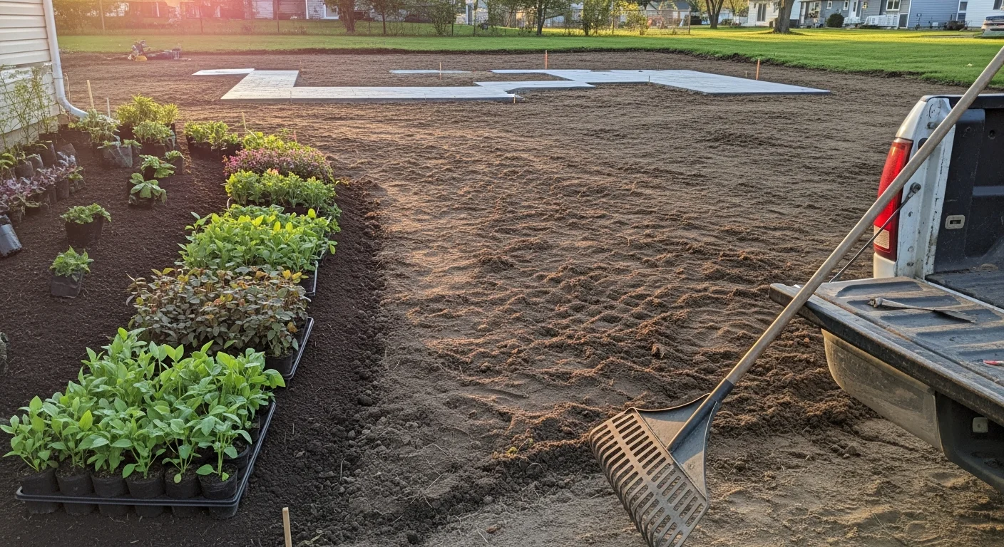 A completed residential landscape installation in Lansing, Michigan, showing graded planting beds, shrubs, and a defined lawn edge along the front of a single-family home. The yard reflects a structured design built to manage drainage and seasonal weather common to mid-Michigan properties.