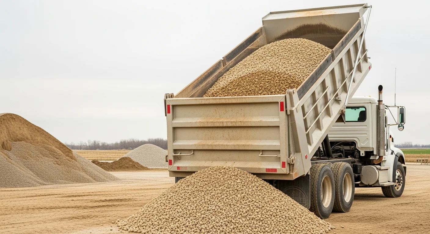 A TMT Excavation & Outdoor Services equipment operator loading bulk building materials at a Lansing, Michigan job site. The machine positions a full bucket of aggregate material over a contractor's truck bed on a cleared staging area.