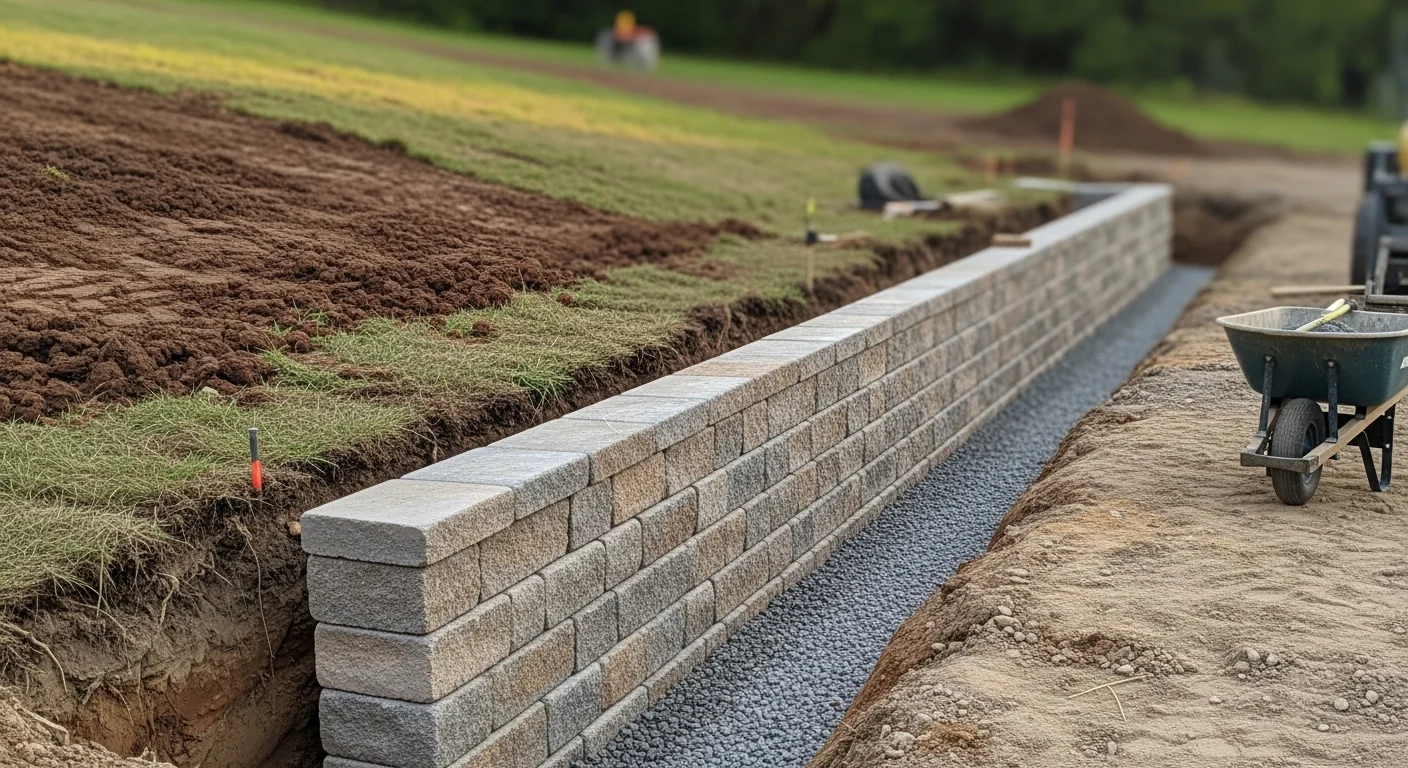 A newly constructed retaining wall on a sloped residential property in Lansing, Michigan, with compacted gravel backfill visible and a flat lawn area created above the wall. The wall runs along a grade change in the backyard, showing clean coursework and a level finished surface above.
