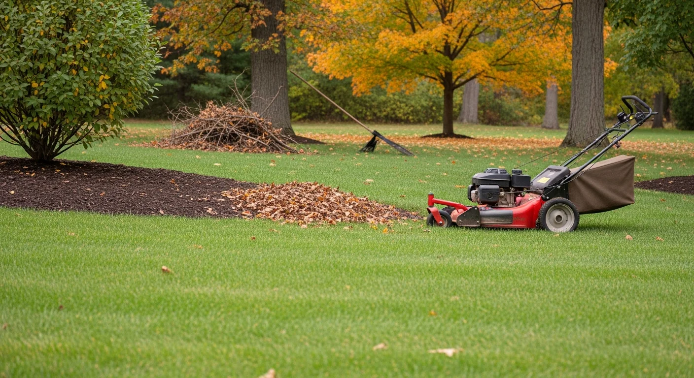 A well-maintained Lansing residential lawn in early fall, with freshly cut cool-season grass, cleared leaf debris along the edges, and tidy bed borders. A TMT Excavation & Outdoor Services crew member operates a mower in the background.