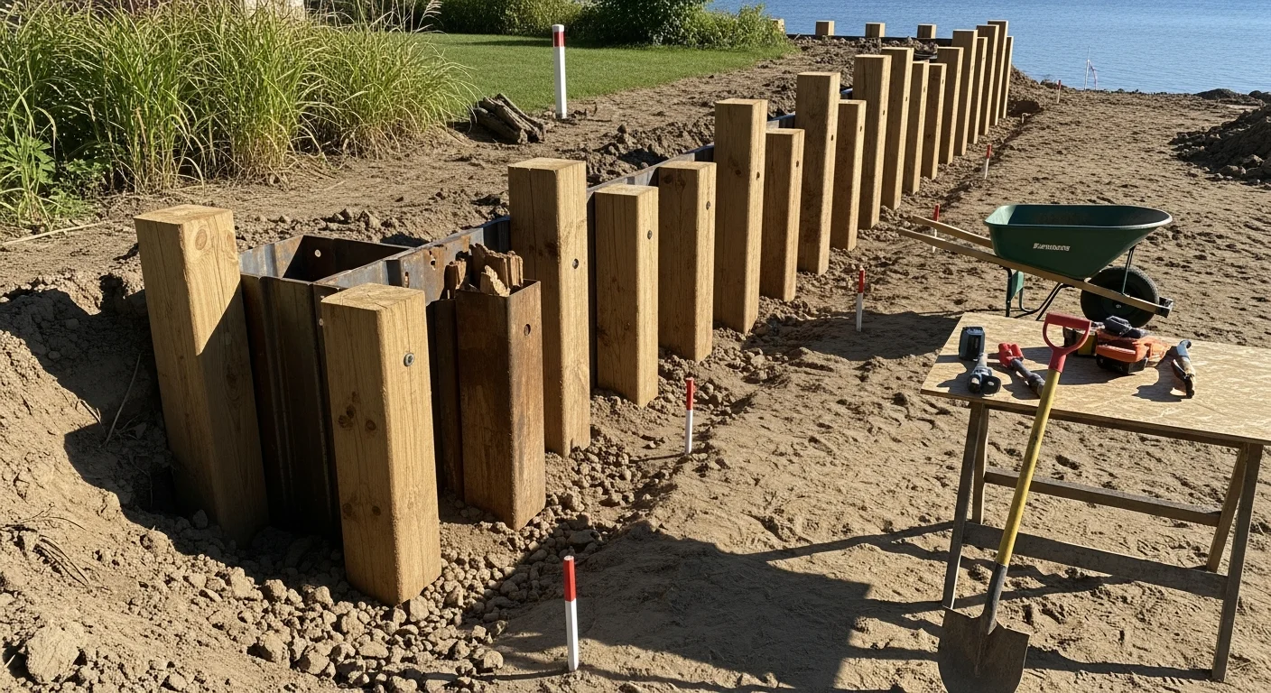 A newly constructed seawall along a Lansing, Michigan inland lake shoreline, showing a clean vertical bank edge with stabilized soil and calm water at the base. The surrounding yard and dock area remain intact behind the finished wall structure.